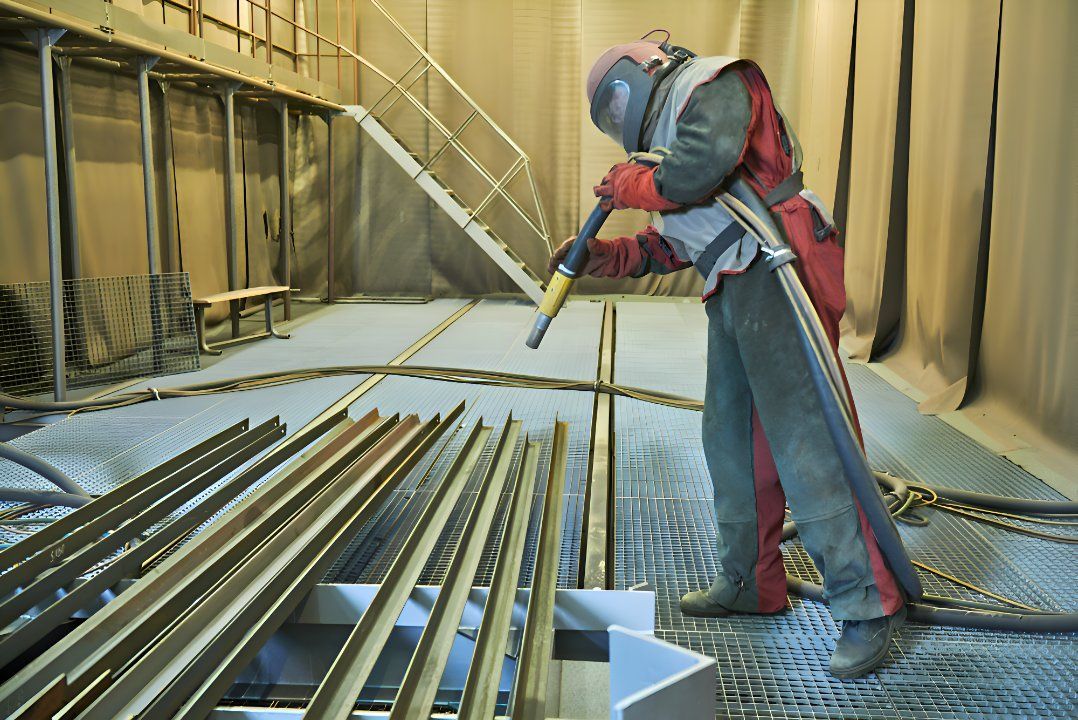 A Man Is Sandblasting A Metal Structure In A Room — Sno's Welding In Ciccone, NT