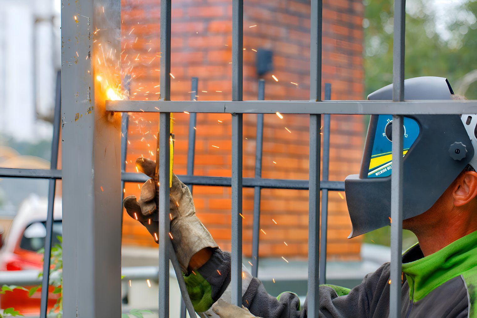 A Man Wearing A Welding Mask Is Welding A Metal Fence — Sno's Welding In Ciccone, NT