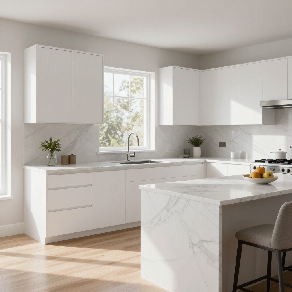 Bright white modern kitchen with island, large window, and sunlight on wood floor