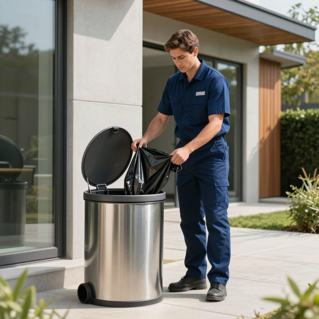 Worker in navy uniform empties trash into a stainless steel outdoor bin beside a modern building