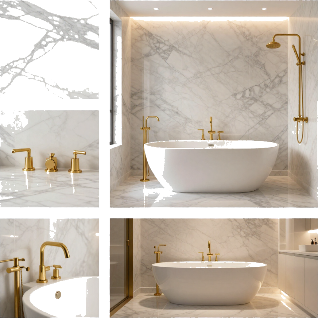 Luxurious marble bathroom with white freestanding tub, gold fixtures, and warm recessed lighting