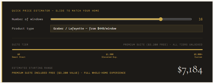 Dark gold calculator interface with sliders and a $7,184 total on the right.