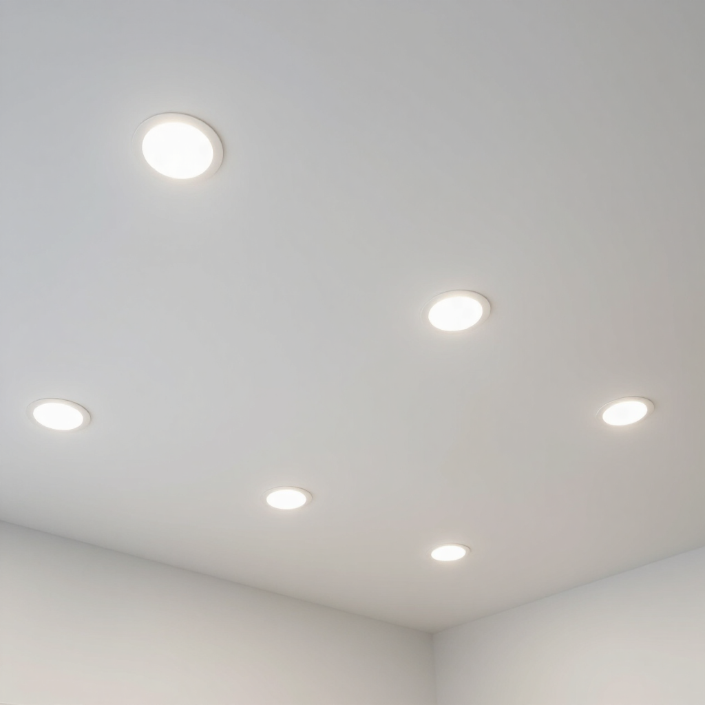 White ceiling with five recessed round lights in a clean corner room