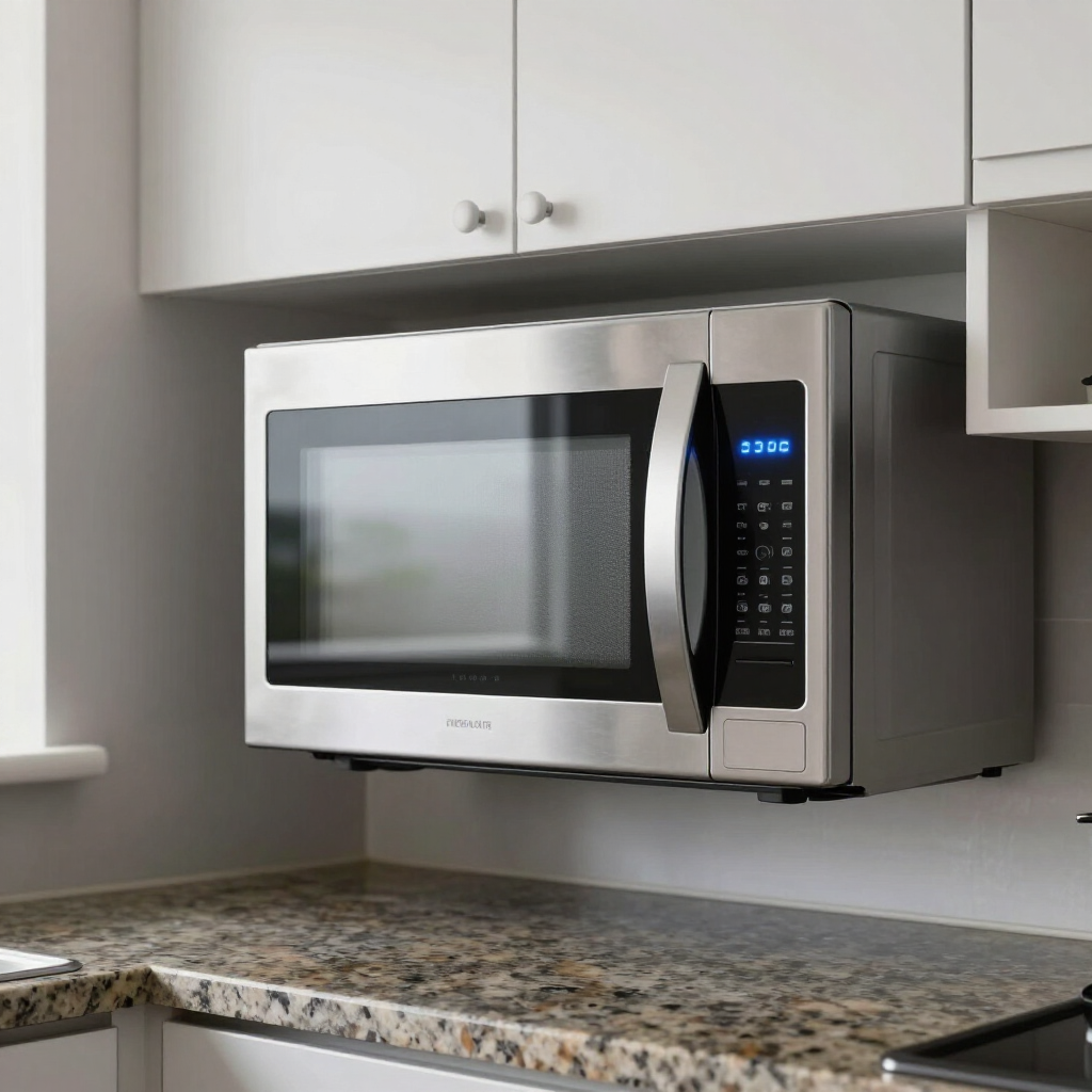 Stainless steel microwave mounted under white cabinets in a kitchen with speckled granite countertop