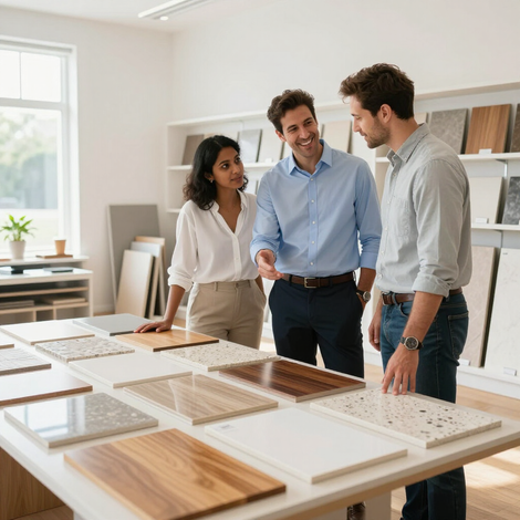 Three people discussing wood and tile samples in a bright design showroom