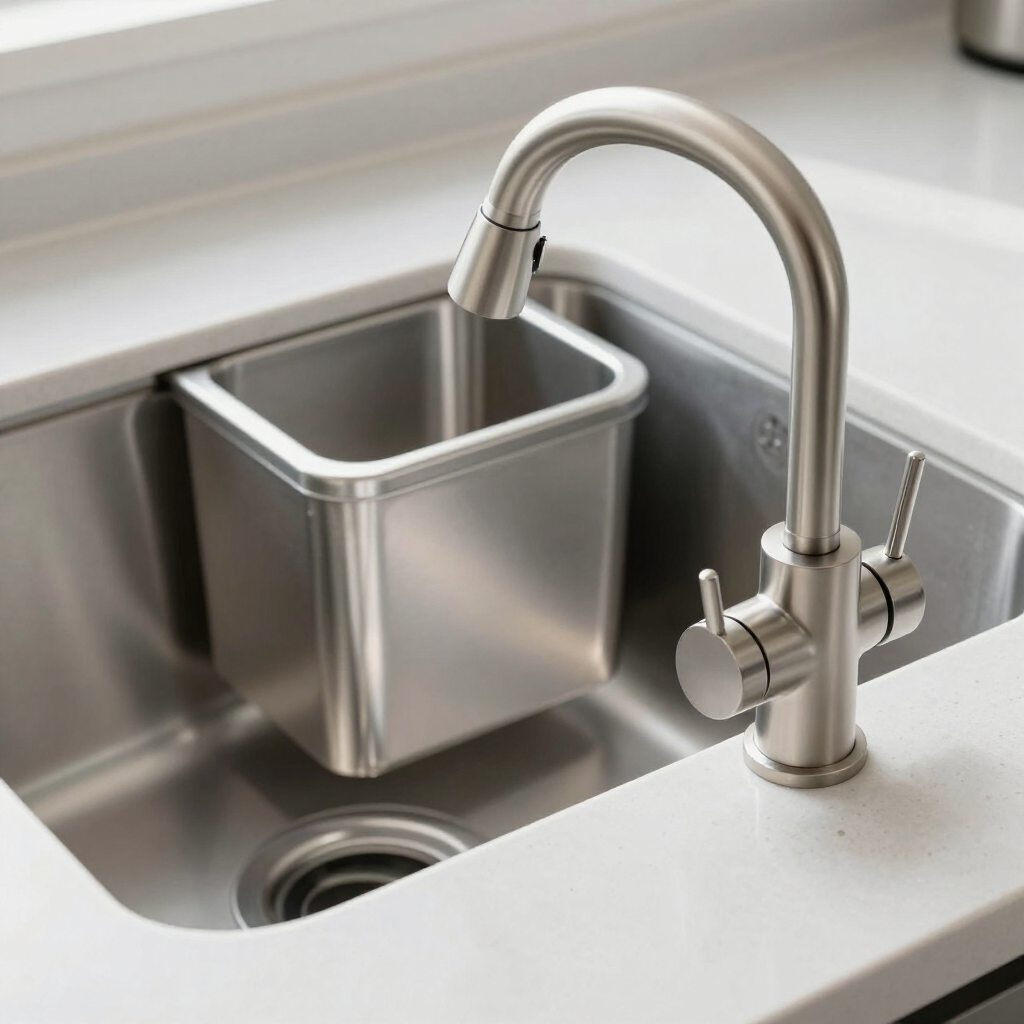 Stainless steel kitchen sink with a square basin and chrome faucet in a white countertop