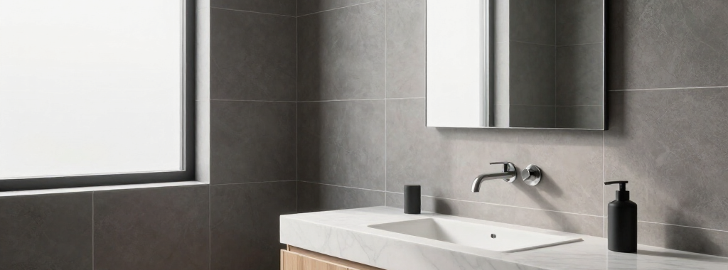 Modern bathroom with dark tiled walls, white sink, wall mirror, and a window.