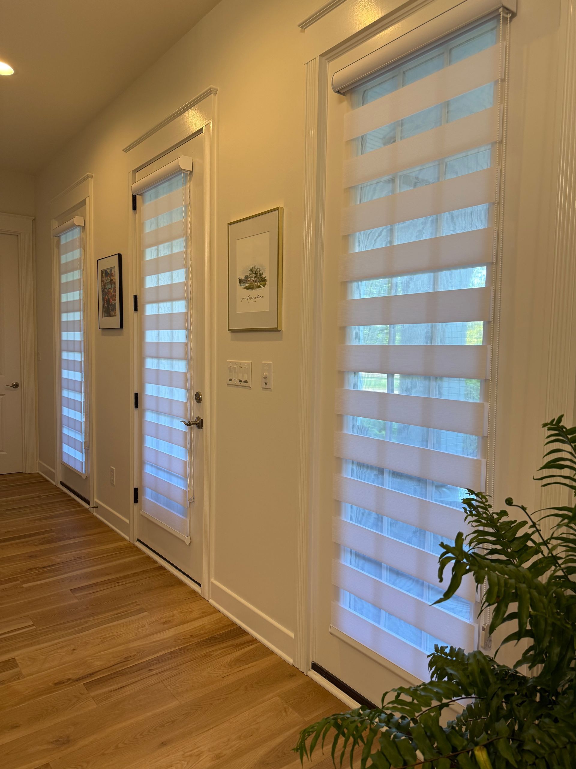 Bright hallway with wooden floor, white walls, and tall windows covered by striped shades.