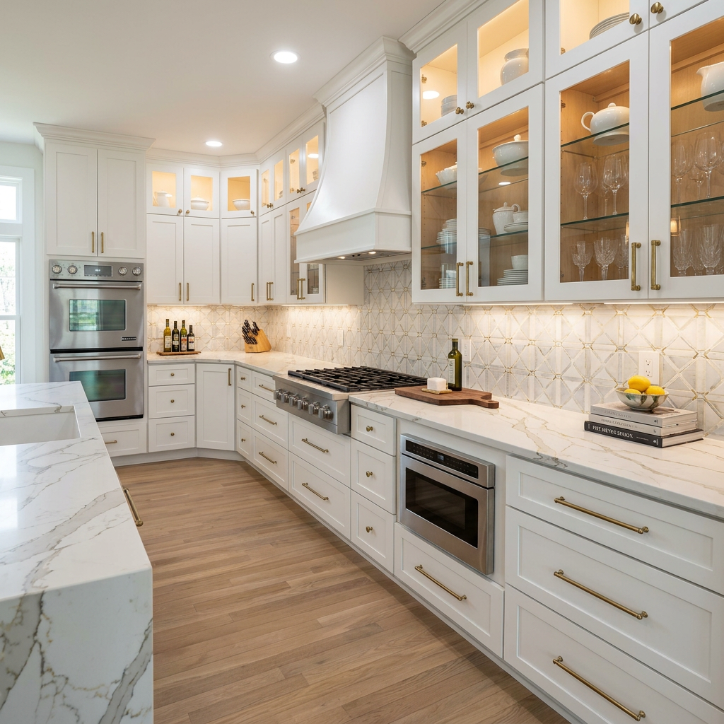 Bright white modern kitchen with glass cabinets, marble counters, and stainless steel appliances