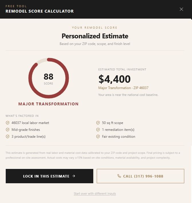Remodel score calculator popup showing personalized estimate of $4,400 with score 88 and action buttons