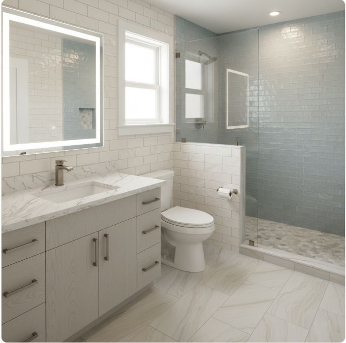 Modern white bathroom with double vanity, toilet, windows, and glass-enclosed shower