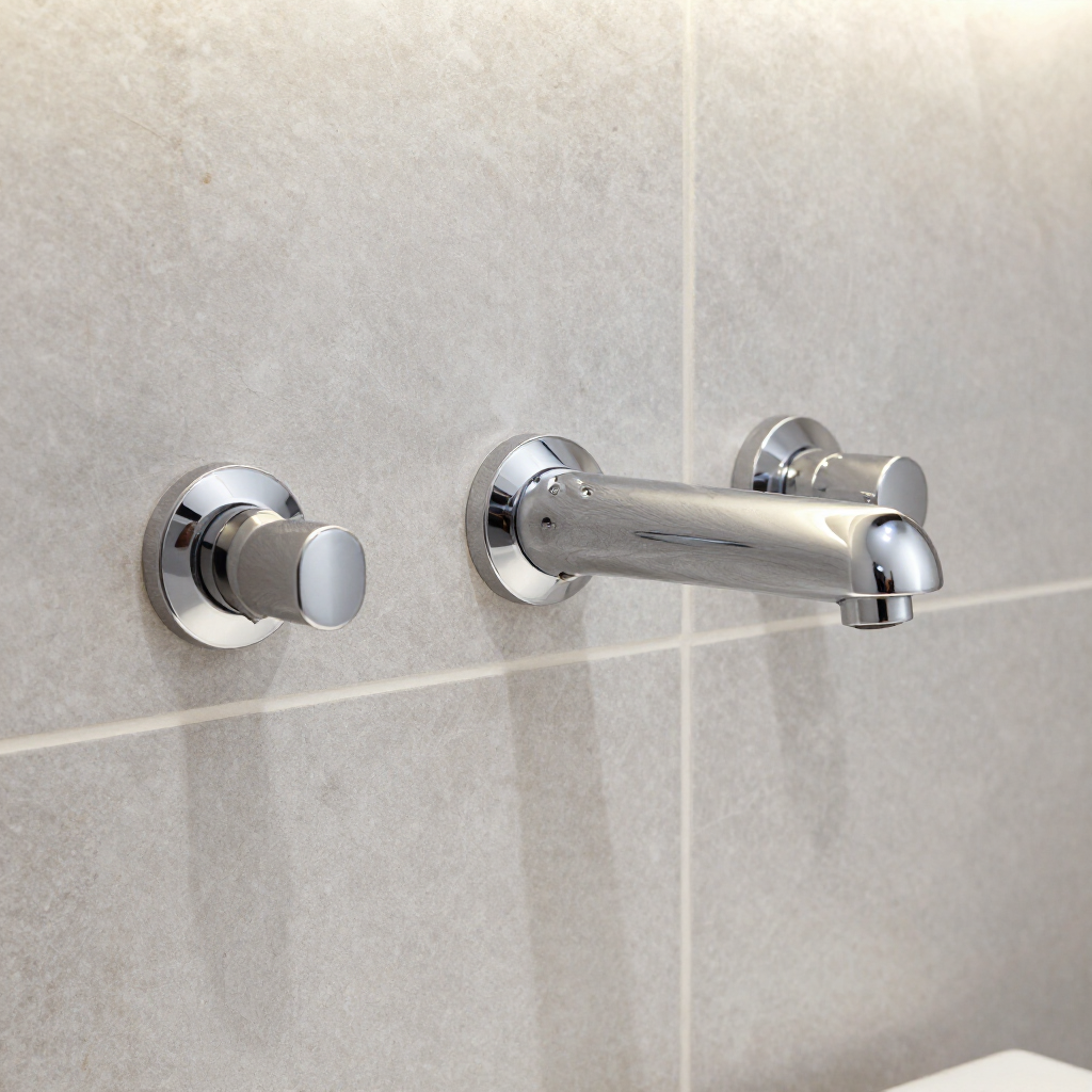 Chrome bathtub faucet and two wall-mounted shower controls on beige tile wall