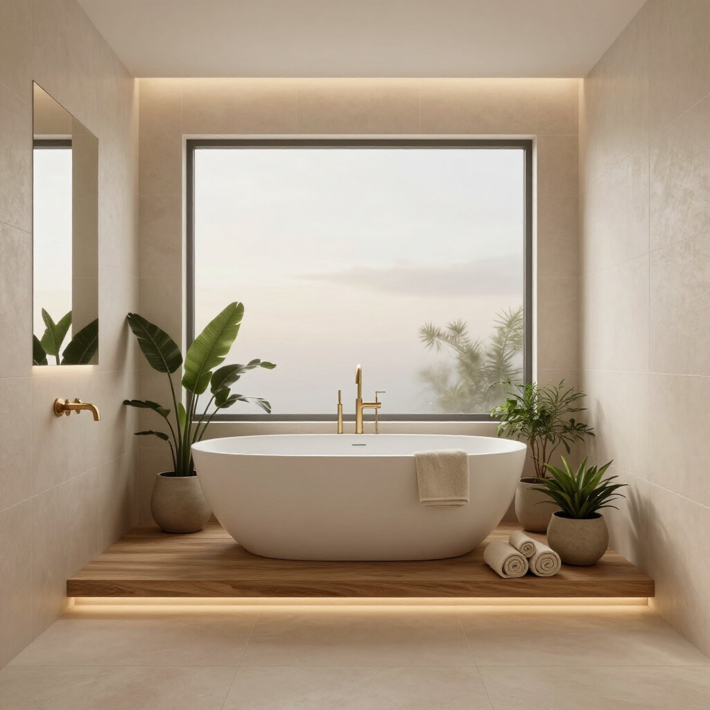 Modern spa bathroom with freestanding tub, wooden step, plants, and large window overlooking misty view