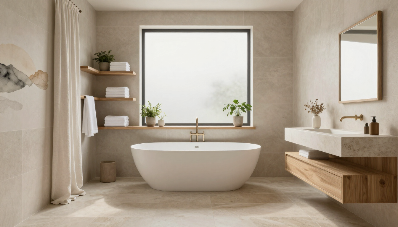 Minimalist beige bathroom with freestanding tub, large window, floating vanity, and mirror