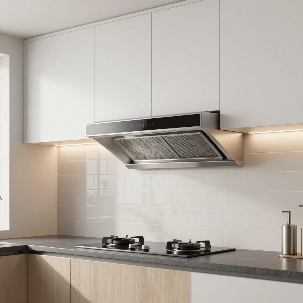 Modern kitchen with white cabinets, gray countertop, gas cooktop, and stainless steel range hood above backsplash