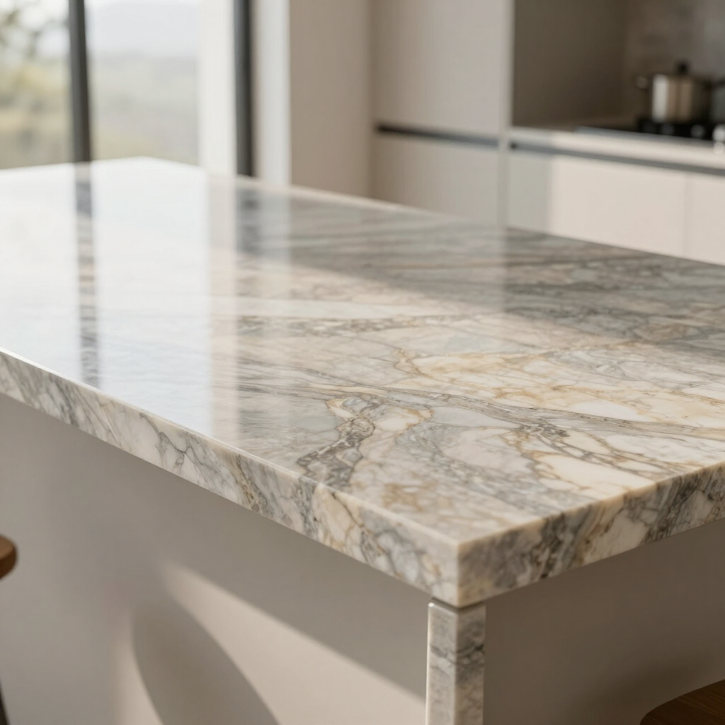 Marble kitchen island countertop with gray veining in a bright modern kitchen