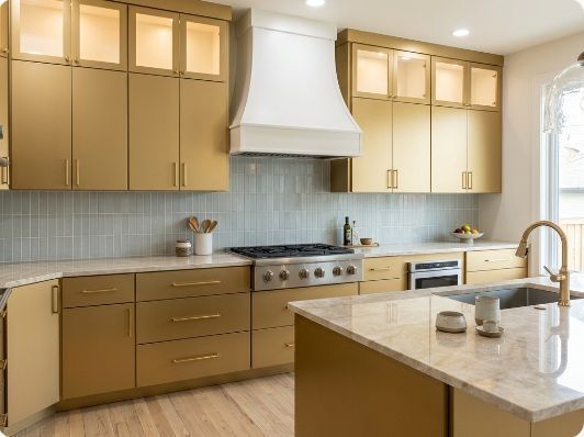 Bright modern kitchen with tan cabinets, marble counters, stainless stove, and large island sink