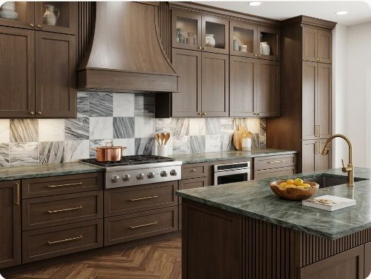 Modern kitchen with dark wood cabinets, marble island, and stainless steel appliances