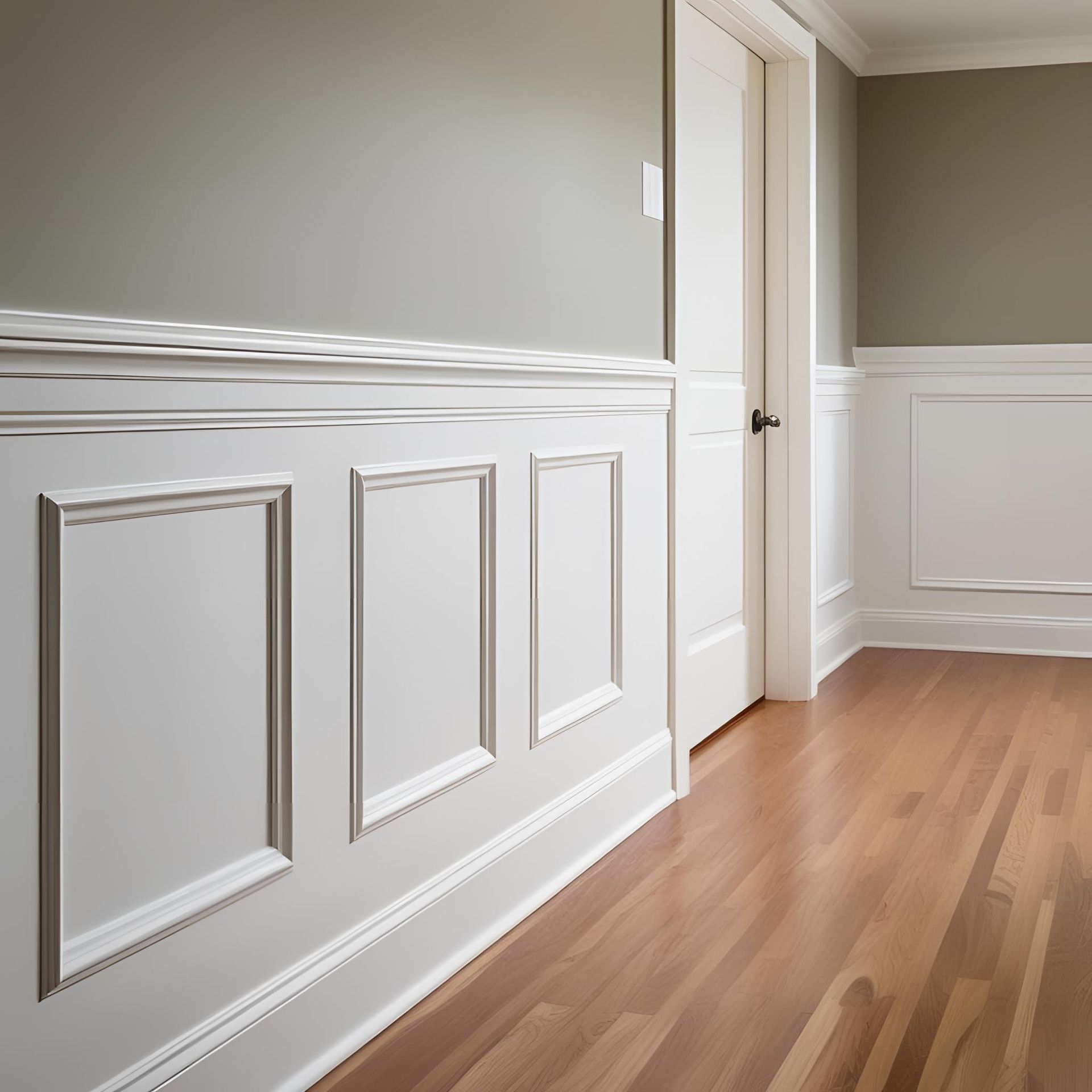 Empty hallway with white wainscoting, beige walls, and hardwood floors