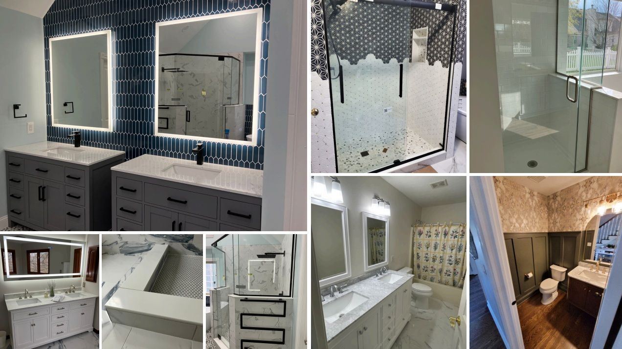 Collage of modern bathroom vanity and shower remodels with white tile, glass enclosures, and gray cabinetry