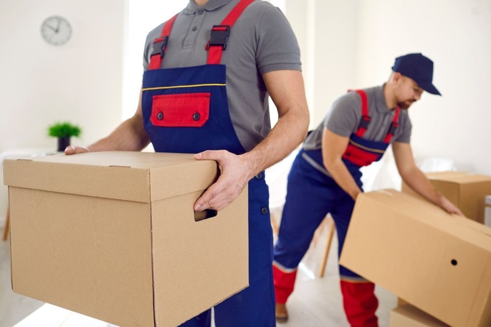 Two Men In Overalls Are Carrying Boxes In A Room — South Burnett Truck Rental In Bundaberg, QLD