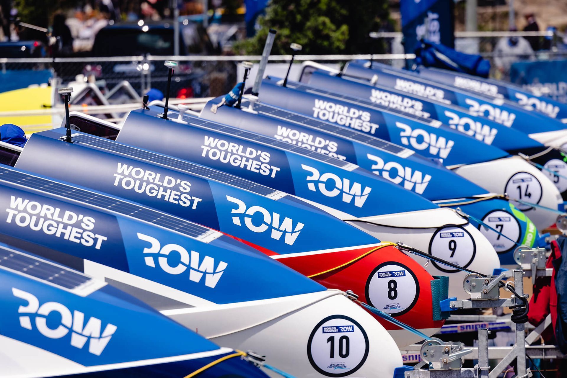 Ocean rowing boats in a line ready for Worlds Toughest Row