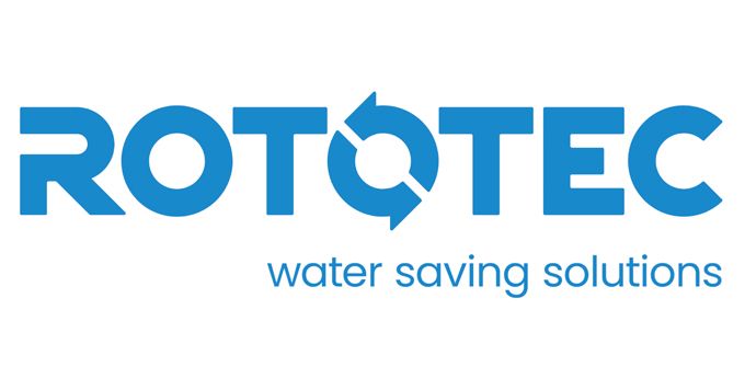 Il logo delle soluzioni per il risparmio idrico rototec è blu e bianco.