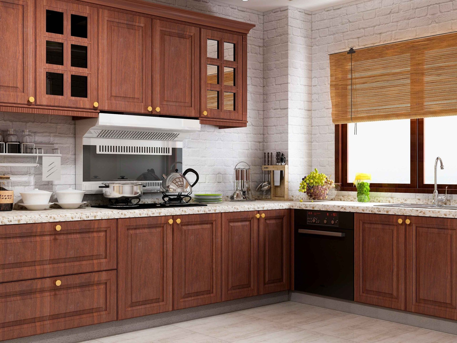 A kitchen with wooden cabinets, a stove, a sink, and a window.