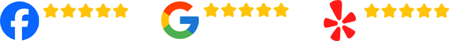 Facebook, Google, and Yelp logos with corresponding star ratings.