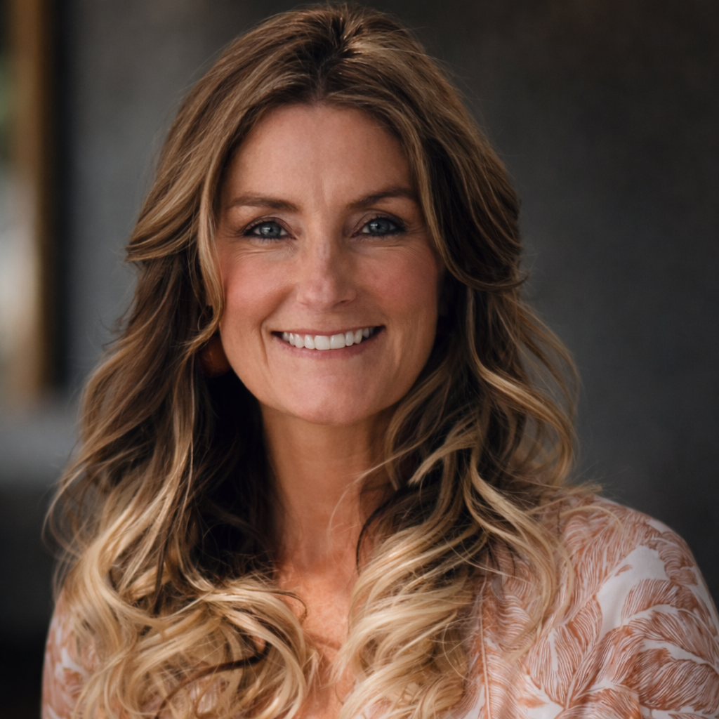 A person with long, wavy, highlighted hair smiles warmly toward the camera against a dark, neutral background.