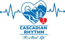 Cascadian Rhythm logo with blue heartbeat line, mountain and runner icon, and red AED heart