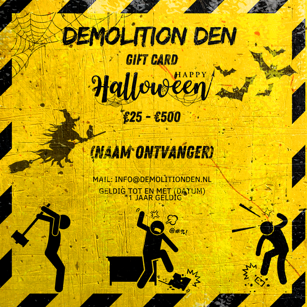 Cadeaubon met Halloween-thema voor Demolition Den: geel met zwarte strepen, vleermuizen, heks, mensen die met hamers zwaaien en voorwerpen kapotslaan.