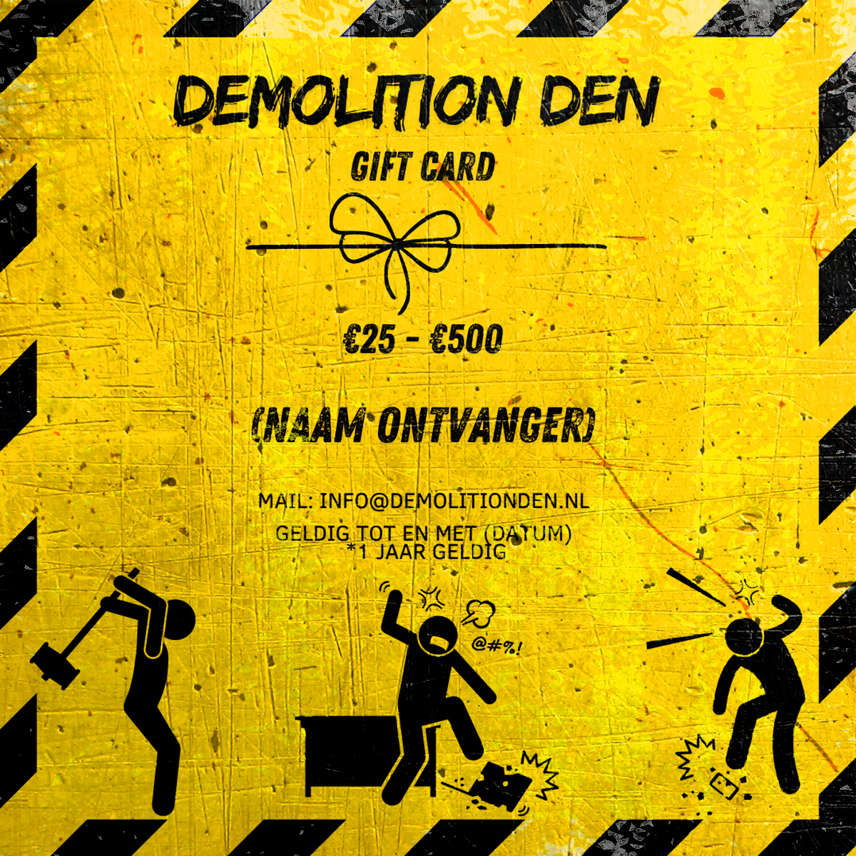 Gele cadeaukaart voor Demolition Den met silhouetten die items vernietigen. De tekst bevat