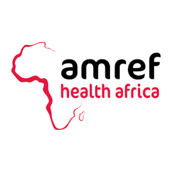 Logo for Amref Health Africa, red outline of Africa, black text