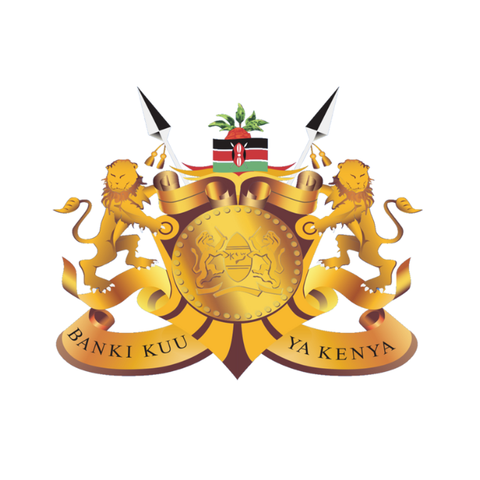 Kenyan coat of arms: gold lions, shield with map, spears, flag, banner reading