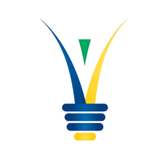 Blue, yellow, and green stylized lightbulb with a person-like figure reaching upwards, symbolizing an idea.