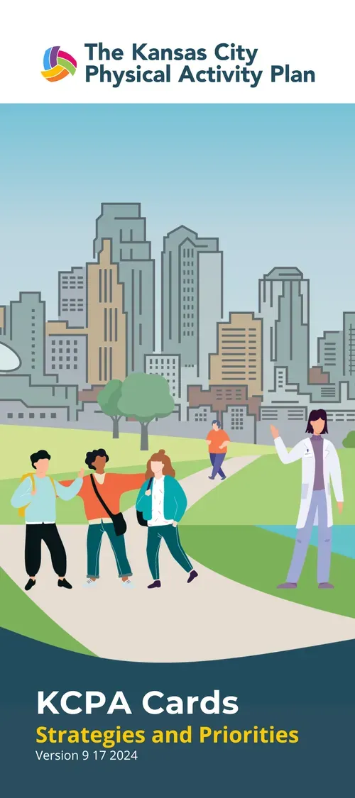 People on a path in front of a city skyline. KCPA Cards: Strategies and Priorities.