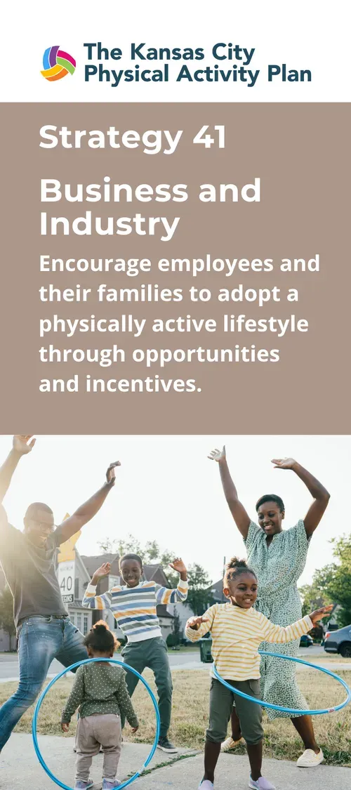 Graphic: The Kansas City Physical Activity Plan. Strategy 41 focuses on businesses encouraging employee active lifestyles, with family playing hoops outside.