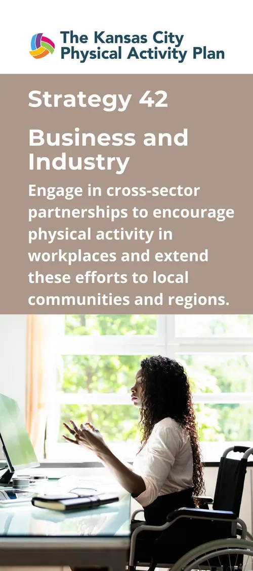 Woman in wheelchair at desk, with text promoting physical activity in workplaces.