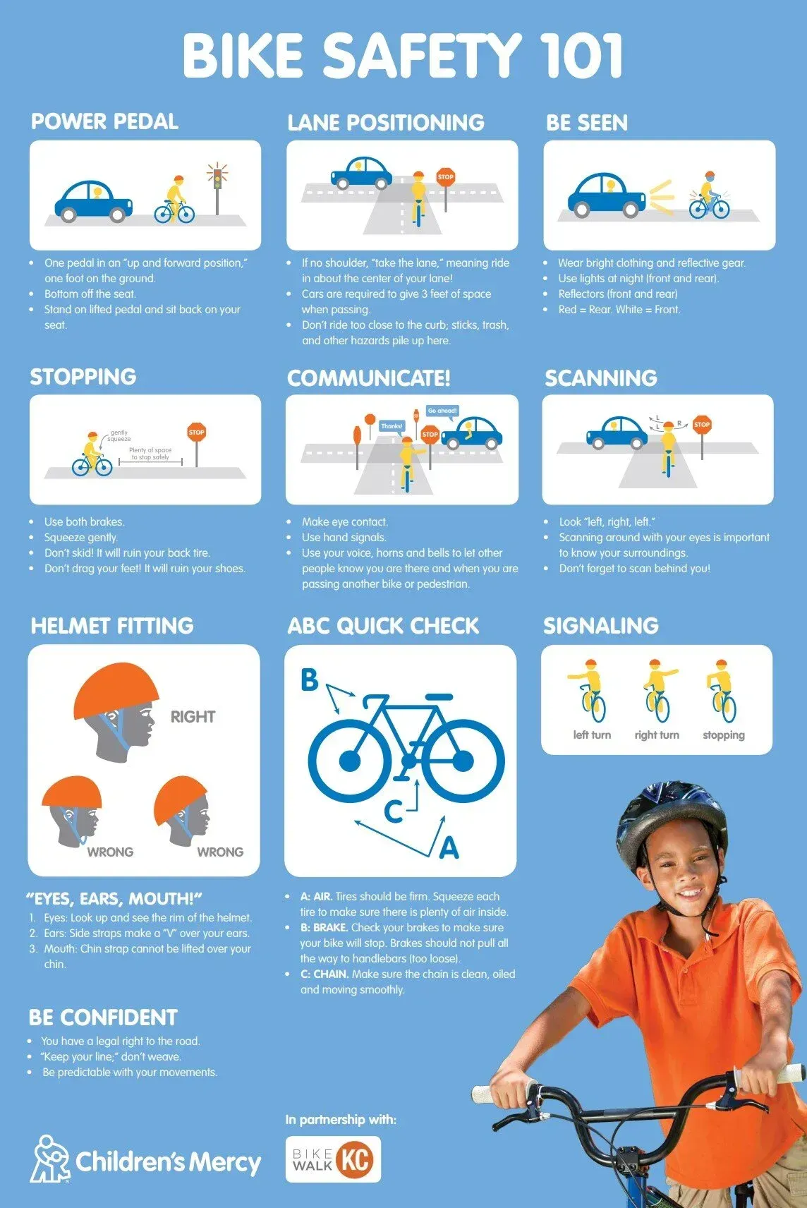 Bike safety poster with illustrations and text, featuring a child cyclist.
