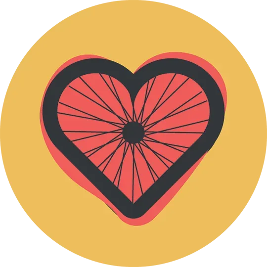 Heart-shaped bicycle wheel graphic in dark gray and red on a yellow background.