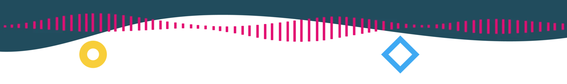 Abstract graphic with a wave pattern and yellow circle and blue diamond shapes.