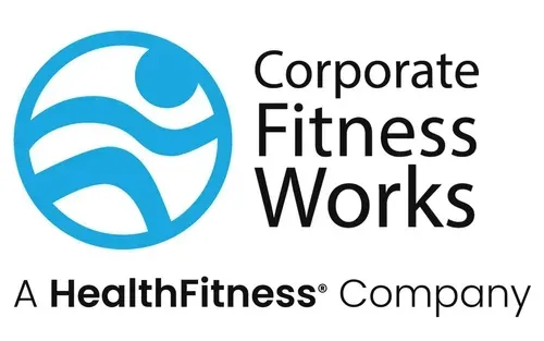 Logo for Corporate Fitness Works, blue figure inside a blue circle, with text.