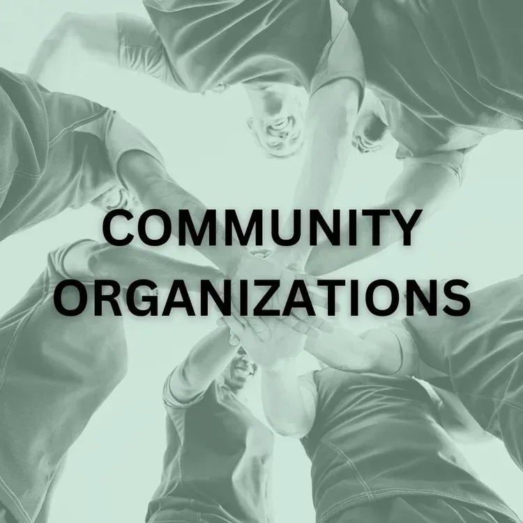 People huddle together, hands in center, text 