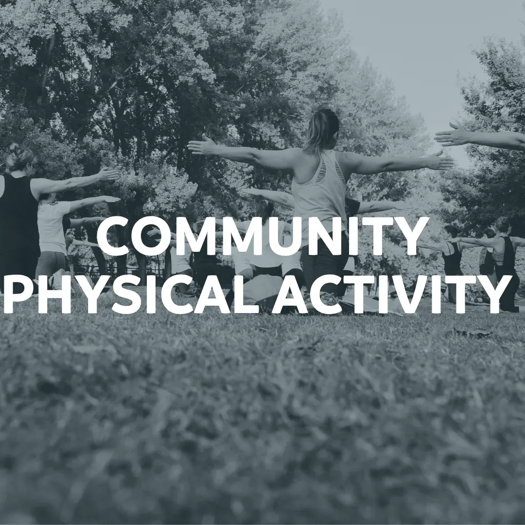 People doing physical activity in a grassy outdoor setting; text reads 