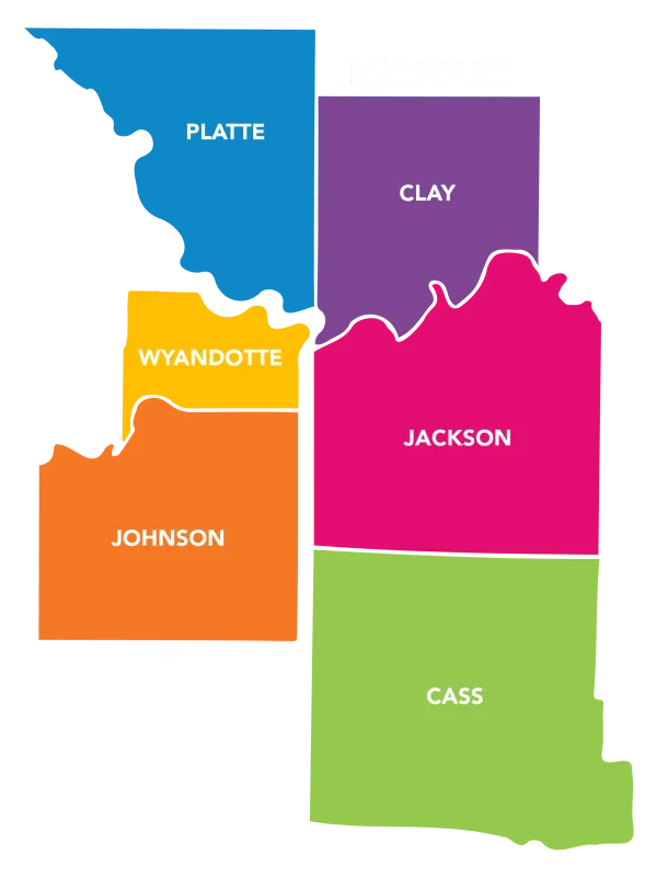 Map of six counties in the Kansas City metropolitan area: Platte (blue), Clay (purple), Jackson (pink), Cass (green), Johnson (orange), and Wyandotte (yellow).