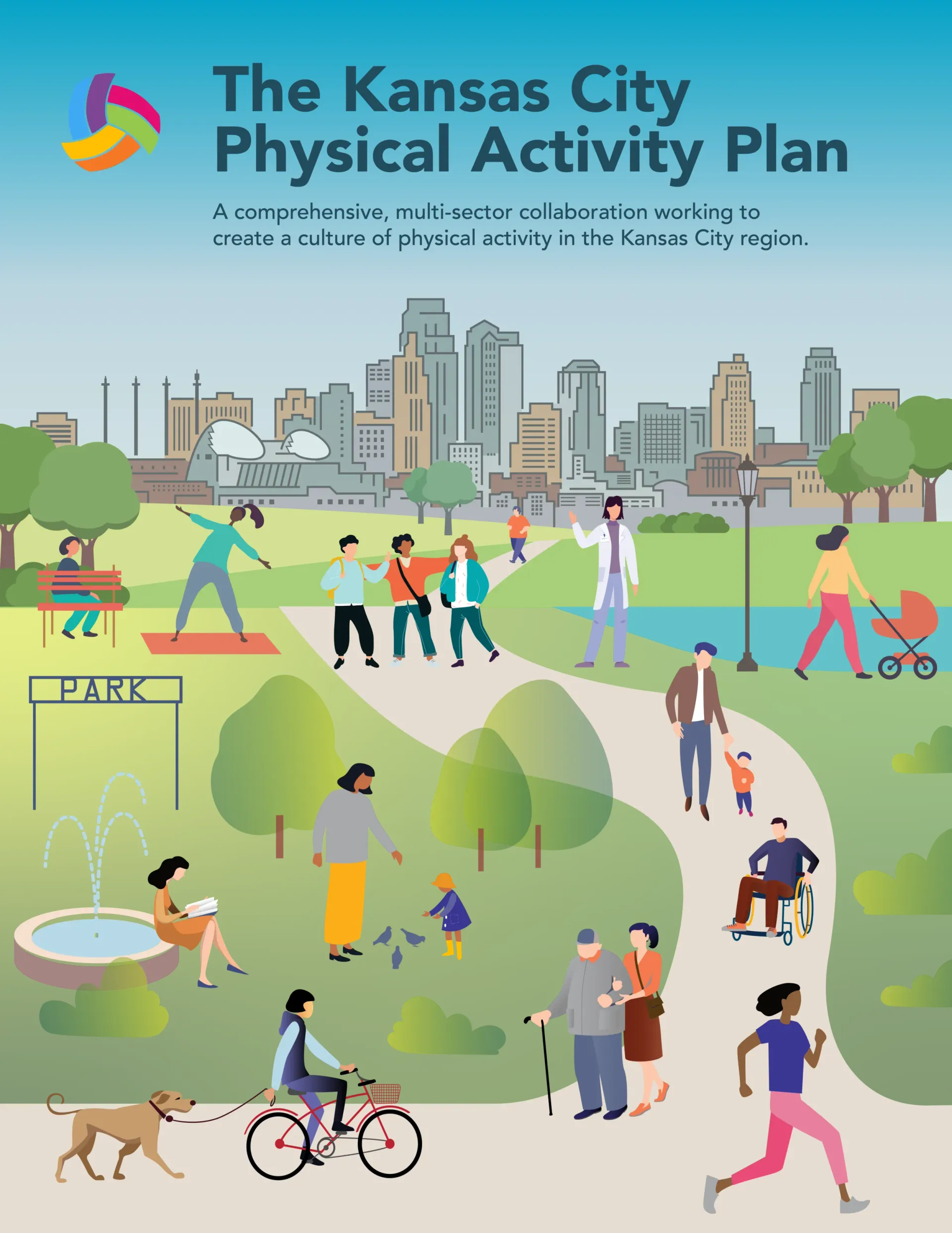 Cover: Kansas City Physical Activity Plan. People of all abilities engaged in park activities; city skyline background.