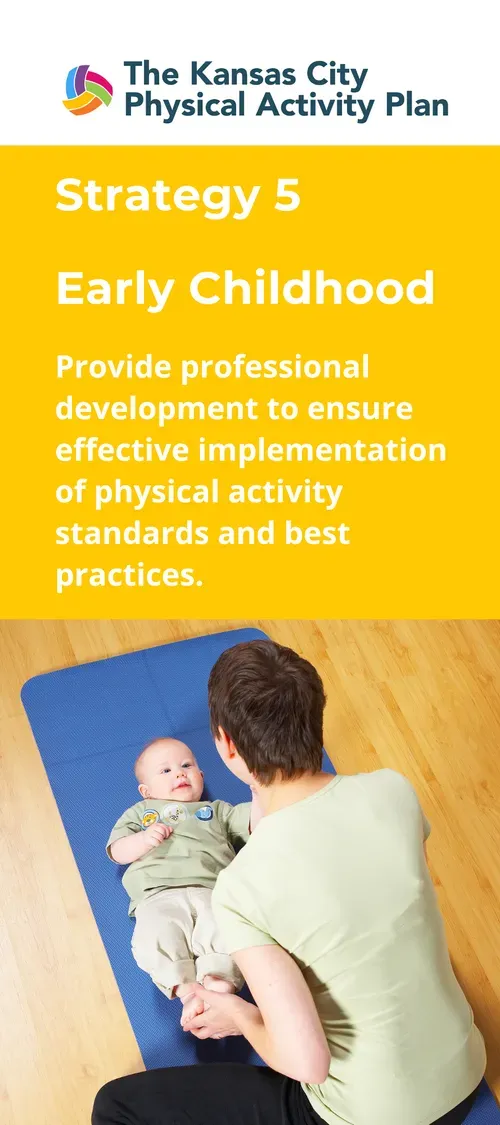 Woman interacting with baby on a blue mat, text about early childhood physical activity standards.