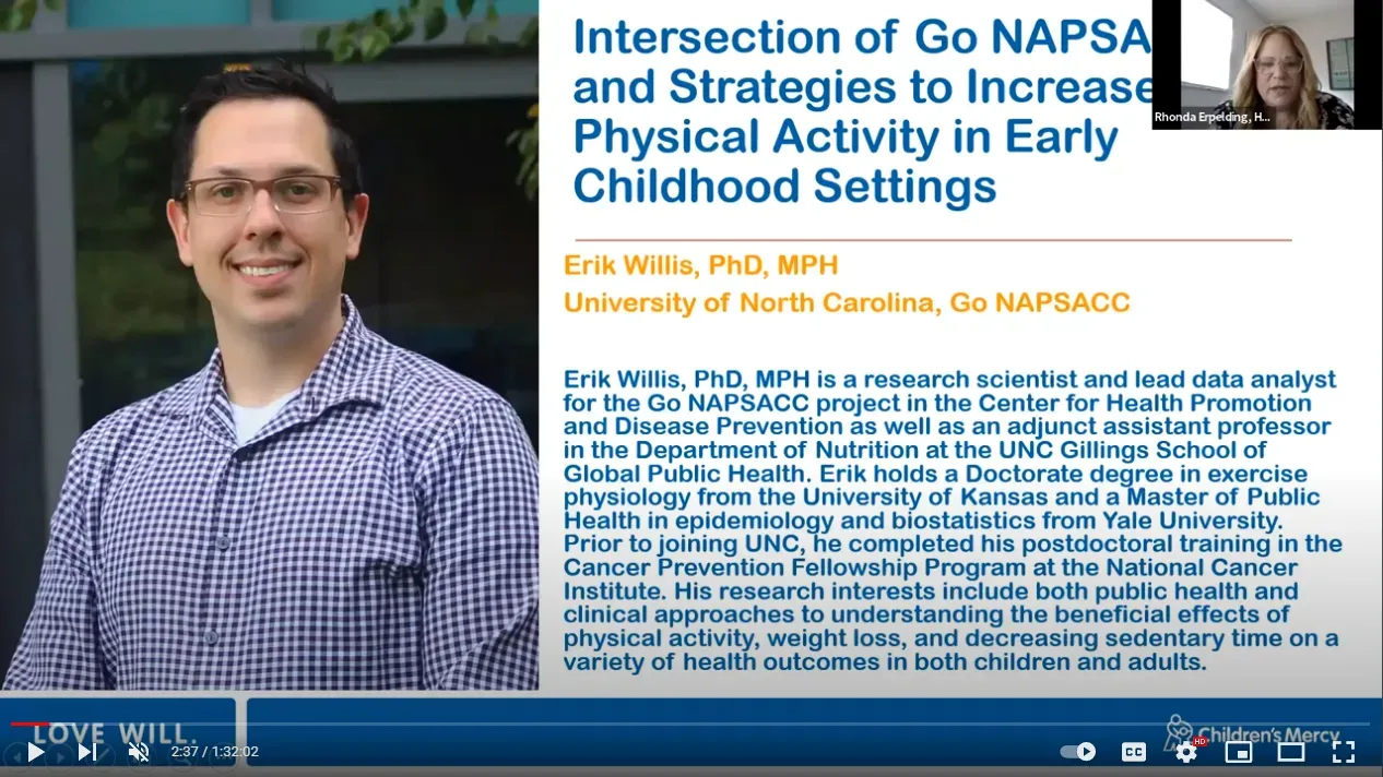 A presentation slide with Erik Willis, Ph.D, WPH, from the University of North Carolina, discussing Go NAPSA strategies for physical activity in early childhood settings.
