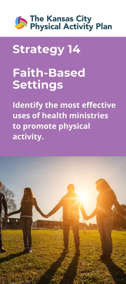 Group of people holding hands in a field, with a purple header promoting physical activity in faith-based settings.